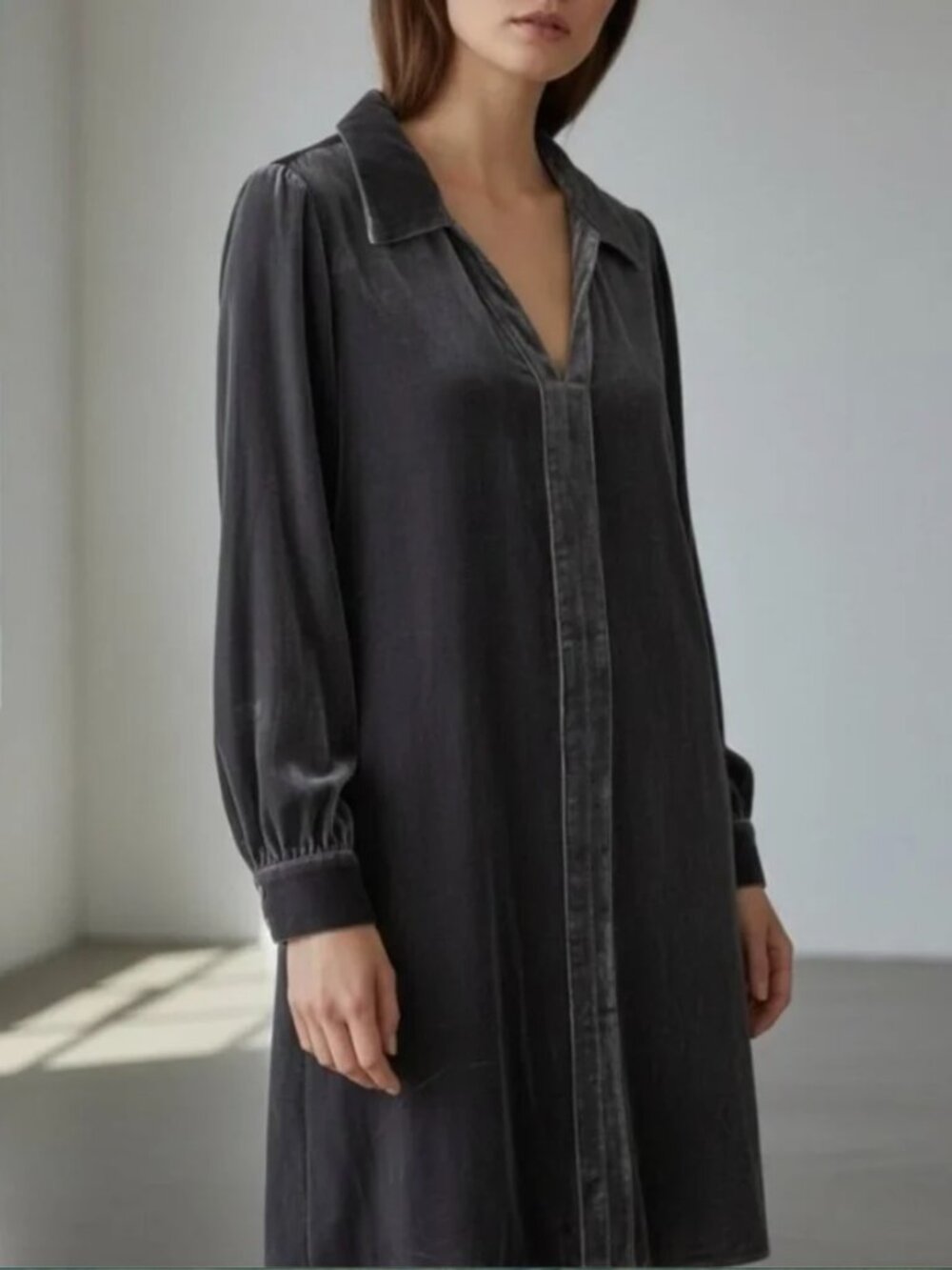 Sundance - Gray Silk Velvet Shirt Dress - Long Sleeve -Tunic - Size XL